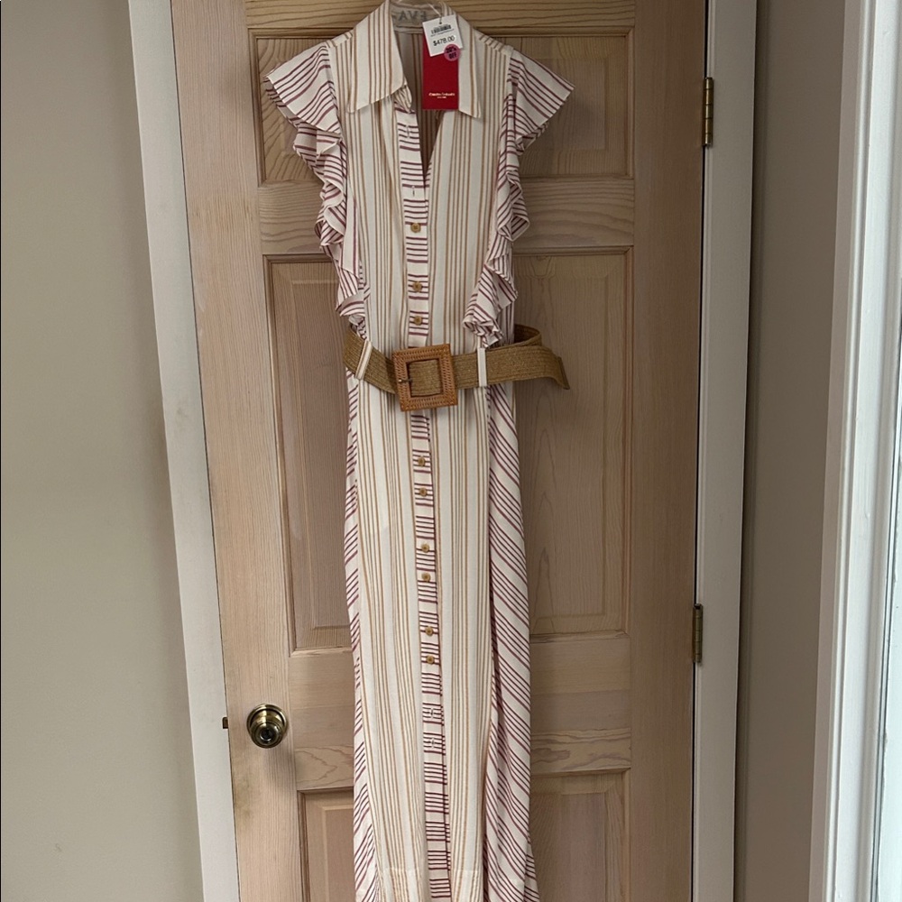 Ruffled Striped Maxi Dress with Belt